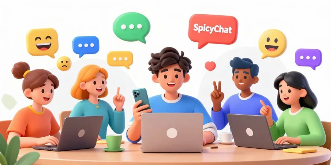 Dynamic SpicyChat conversation scene with diverse characters and chat bubbles in a vibrant digital environment.