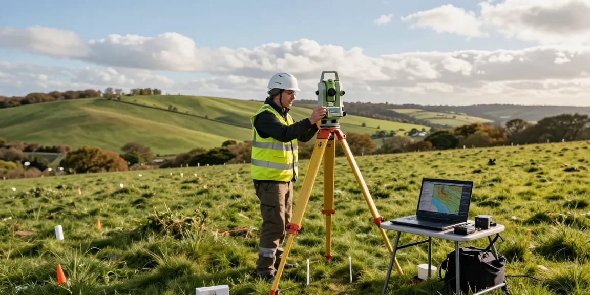 High-visibility land surveyor conducting Topographical Land Surveys Sussex in green landscape with advanced surveying equipment.