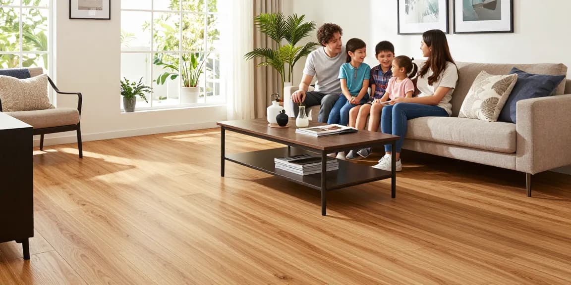 Modern living room with wood effect flooring trends, family enjoying quality time together in warm, stylish atmosphere.