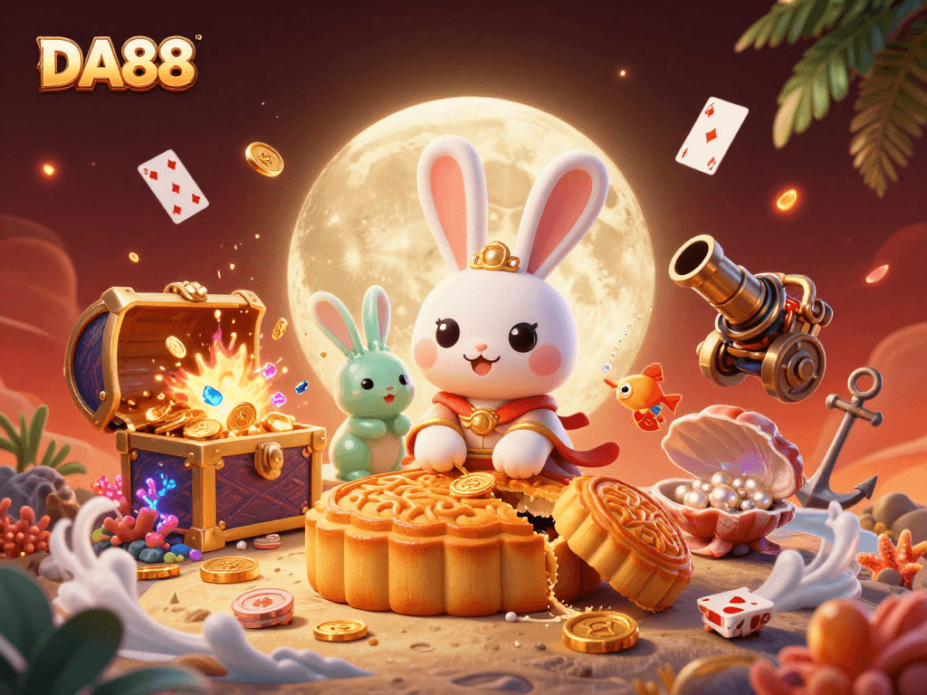 Join the excitement of DA88 with charming moon rabbits playing and revealing poker chips.