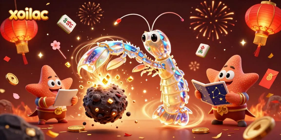 Xoilac entertains with a vibrant 3D scene of a galactic mantis shrimp, jewels, and festive icons.