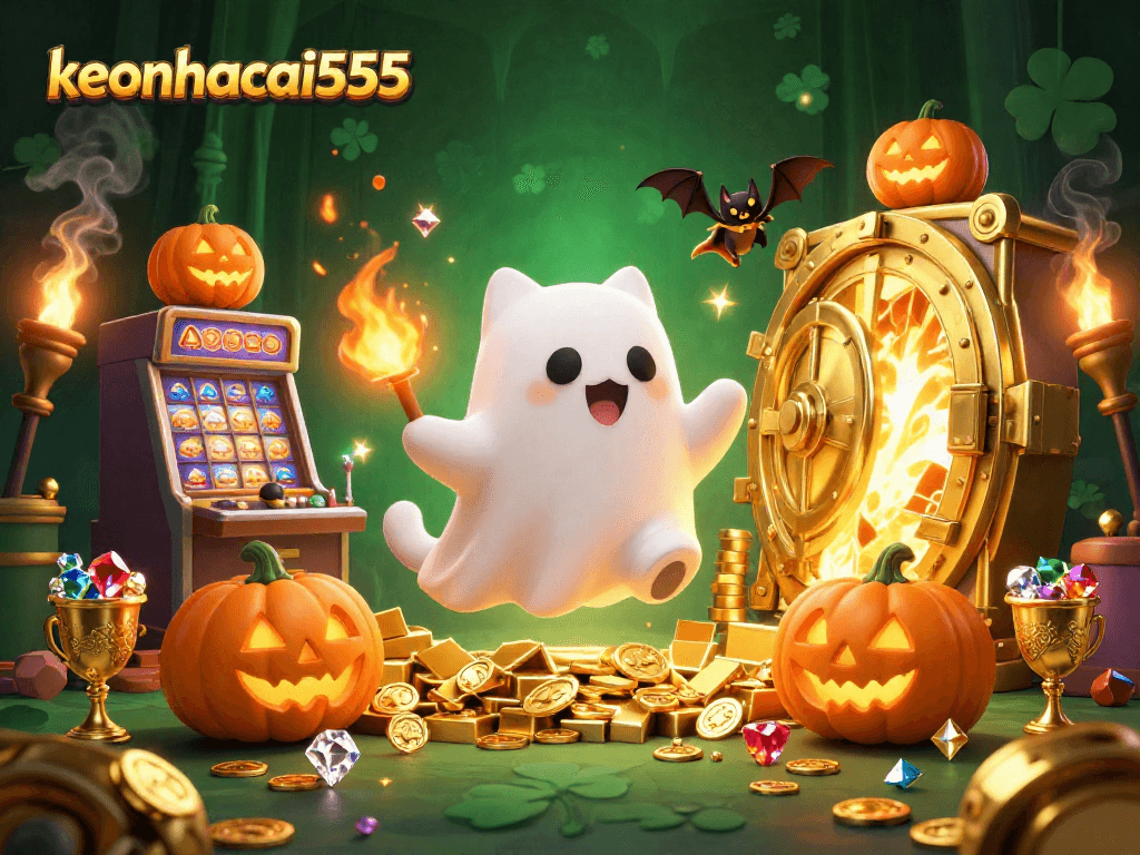 Experience the magic of keonhacai555 with a ghostly cat and vibrant casino elements in this captivating illustration.