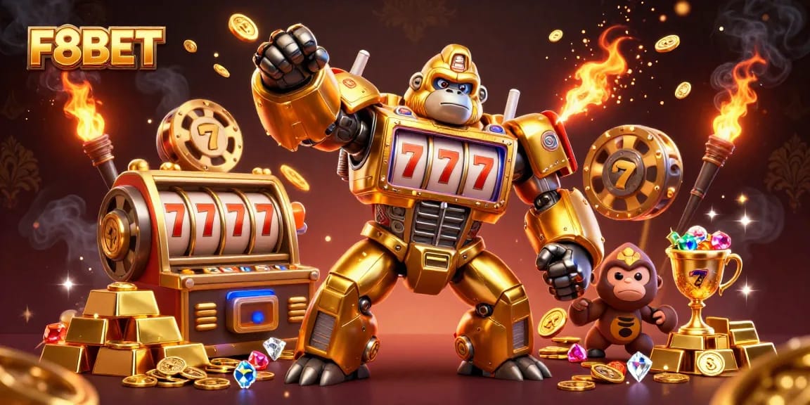 Experience F8BET's thrilling adventure with a dynamic golden gorilla mech in a vibrant, action-packed casino scene.