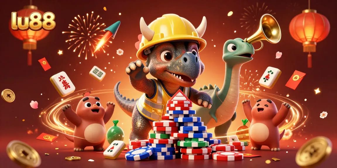 Celebrate with lu88 as a triceratops builds a poker chip pyramid in a vibrant casino scene.