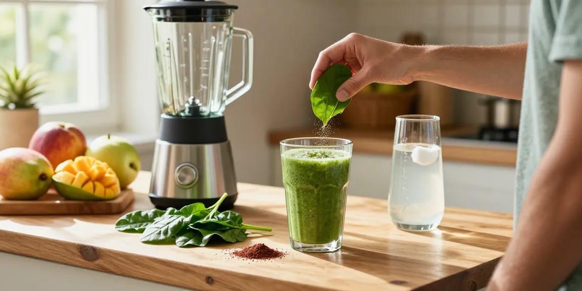 Camu camu powder being blended into a smoothie with vibrant fruits and greens in a bright kitchen.