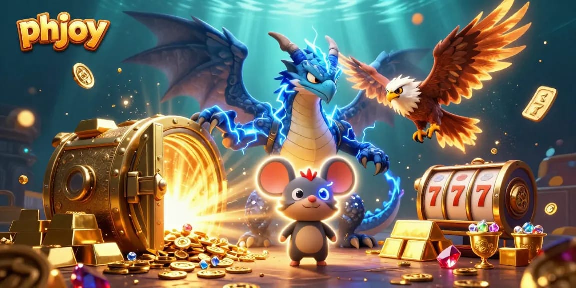 phjoy showcases an exciting casino scene with a thunder dragon and treasure elements