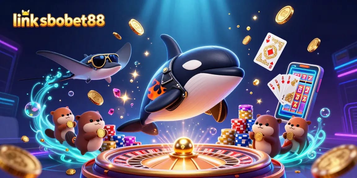 Engage with exciting plays at link sbobet88, showcasing vibrant sea creatures in a colorful casino scene.