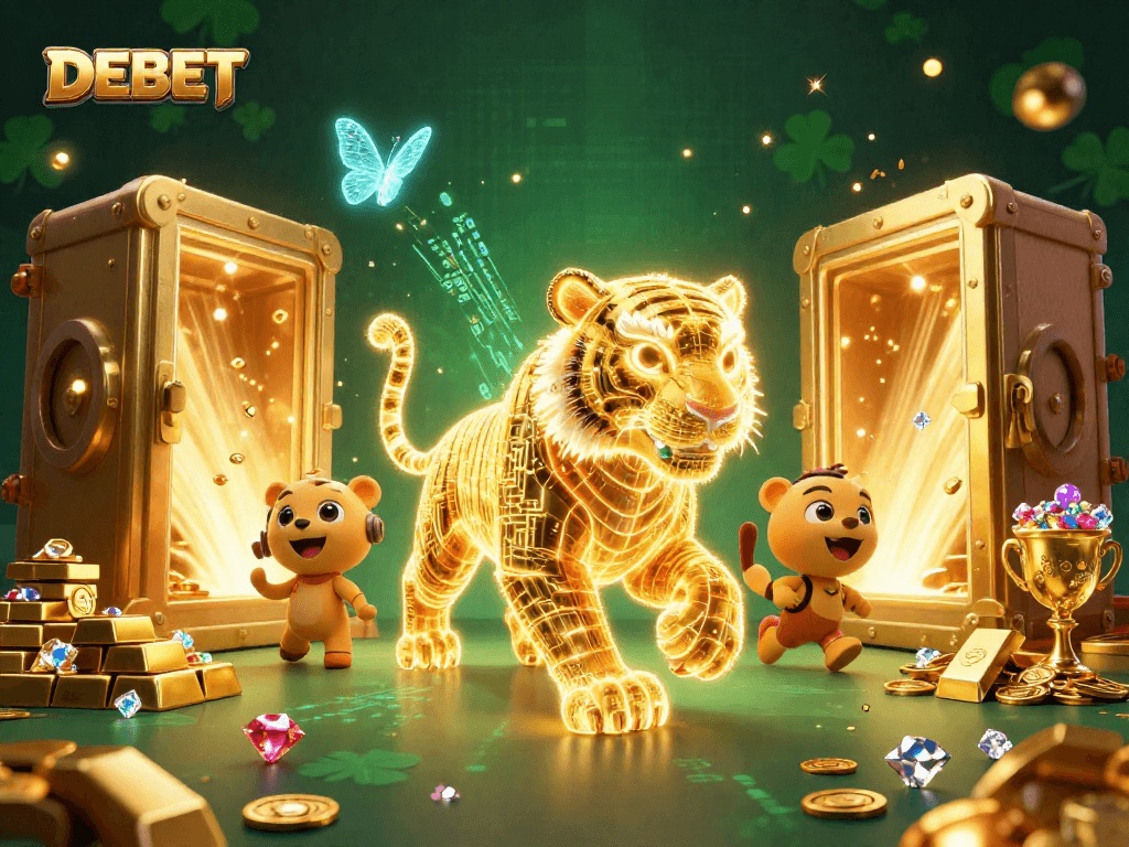 Experience the thrilling DEBET journey with a neon golden tiger and treasure-filled casino scene.