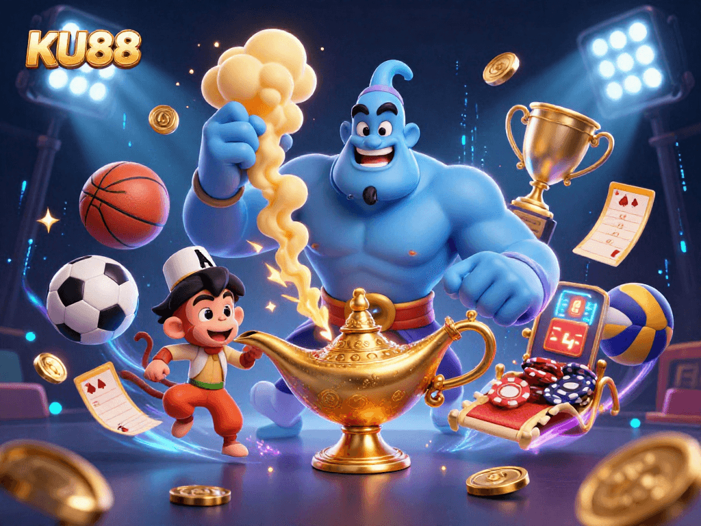Experience the vibrant energy of KU88 with a dynamic casino illustration full of thrill and excitement.