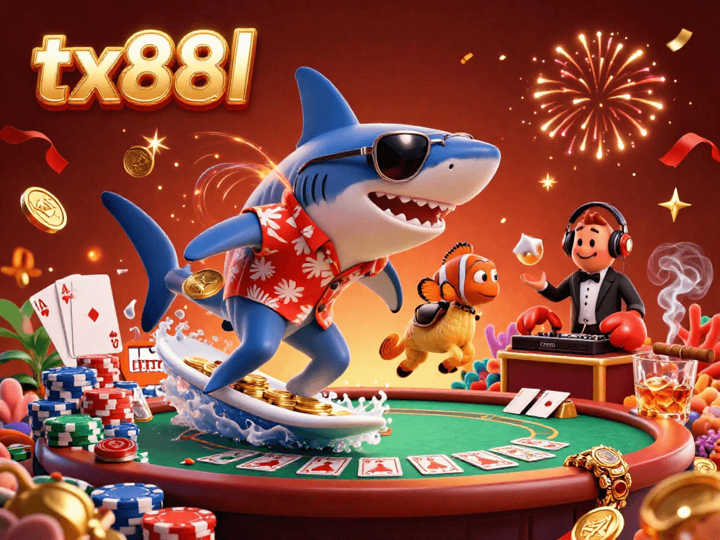 Experience thrilling gameplay at tx88l with our vibrant casino scene filled with colorful characters and poker elements.