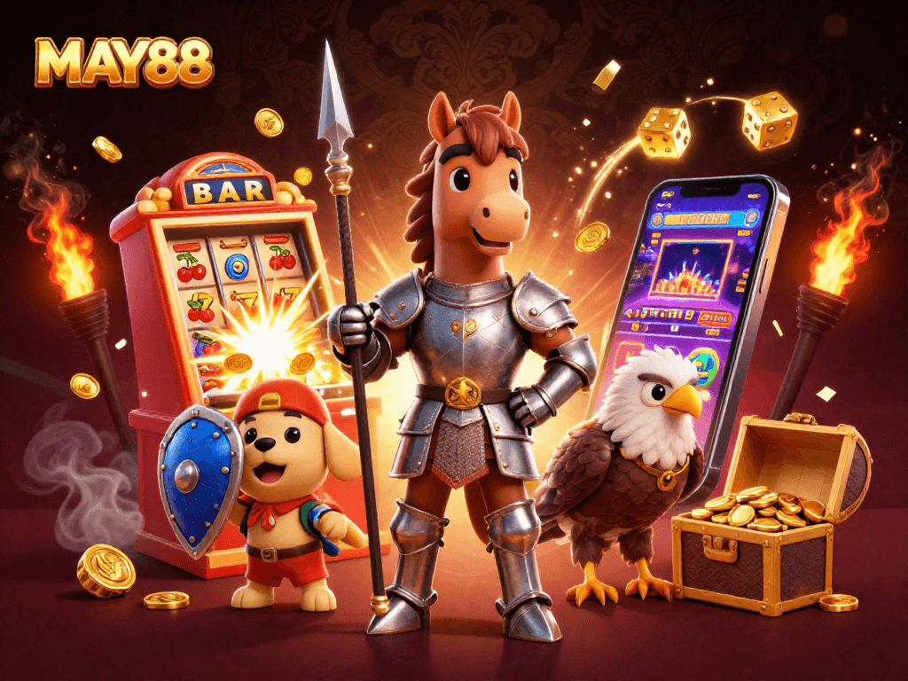 MAY88 offers an exciting scene with a knight, puppy, and falcon amid vibrant casino elements bursting with joy.