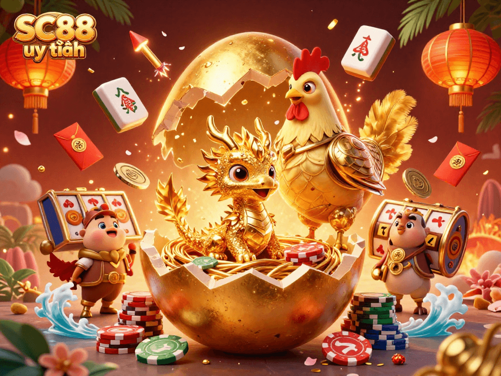Engage with SC88 uy tín featuring a golden egg and crystalline dragon amidst vibrant casino elements.