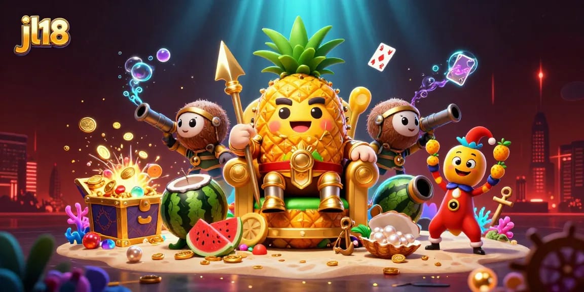 Engage with the vibrant world of jl18 casino featuring a golden pineapple king and golden treasures.