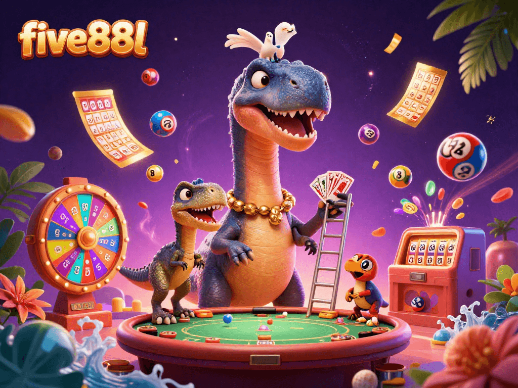 five88l features a fun scene with a towering brontosaurus in a casino, highlighting exciting gameplay.