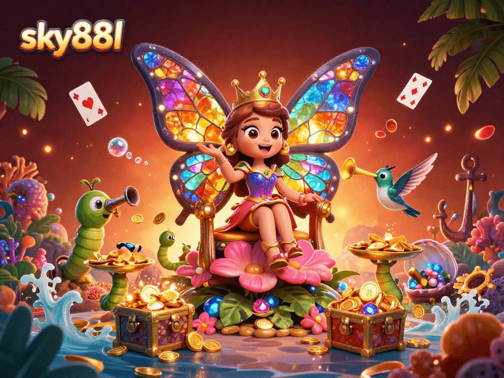 Enjoy the thrilling gameplay at sky88l with vibrant characters and dazzling casino elements in a stunning 3D illustration.