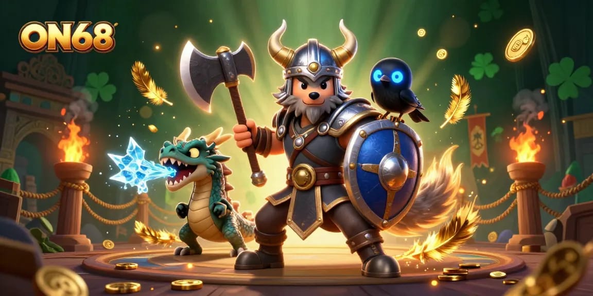 Join the thrill at ON68 with a Viking wolf warrior and fierce dragon in a dynamic gaming arena.