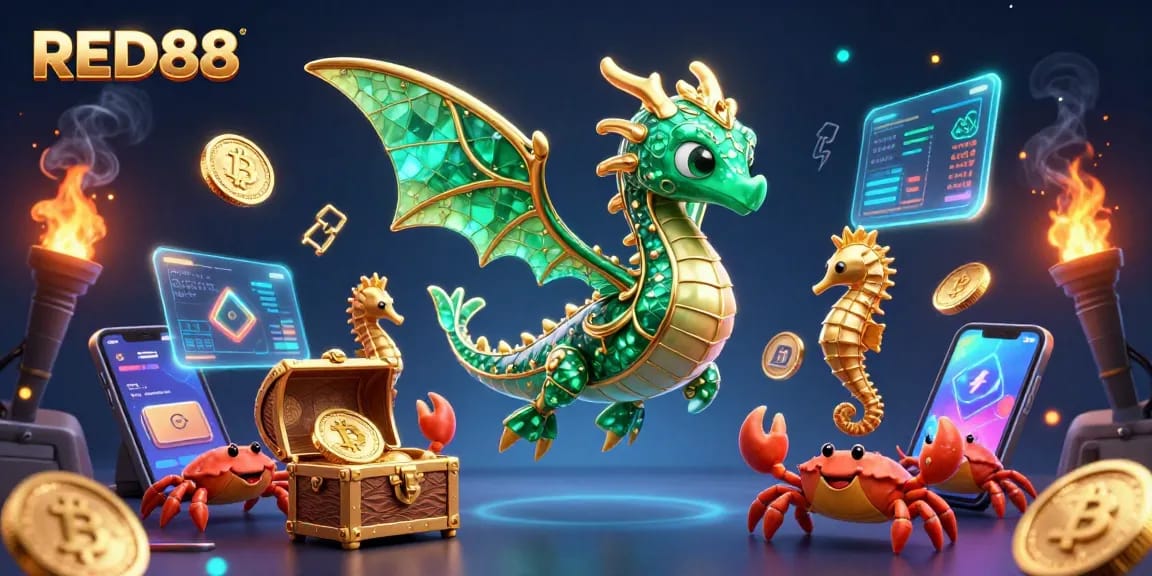 Engage with the exciting world of RED88, showcasing a 3D sea dragon and vibrant crypto elements.