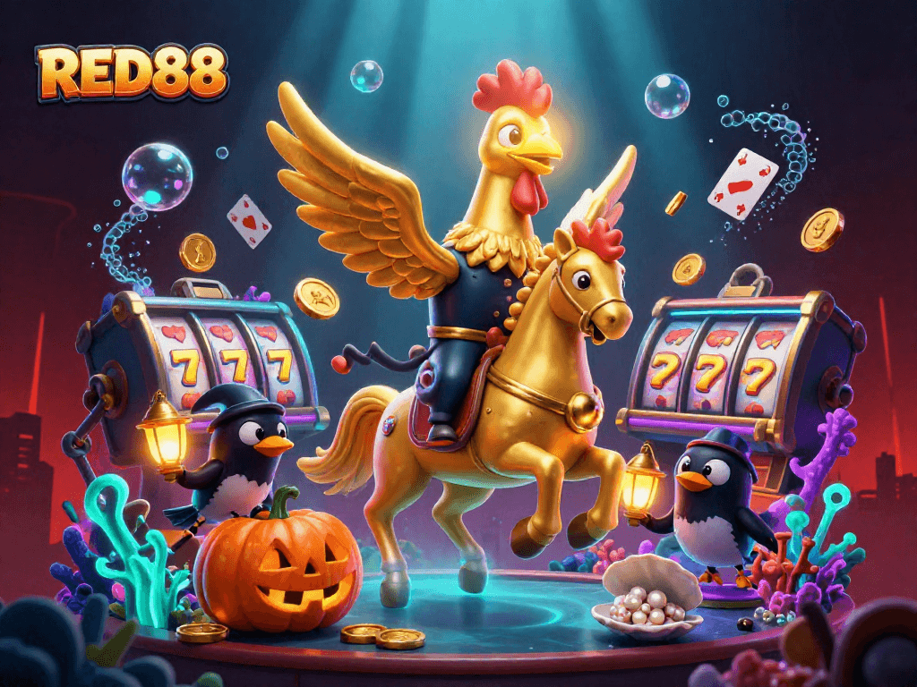 Experience thrilling slots at RED88 with stunning golden rooster characters in a vibrant casino scene.
