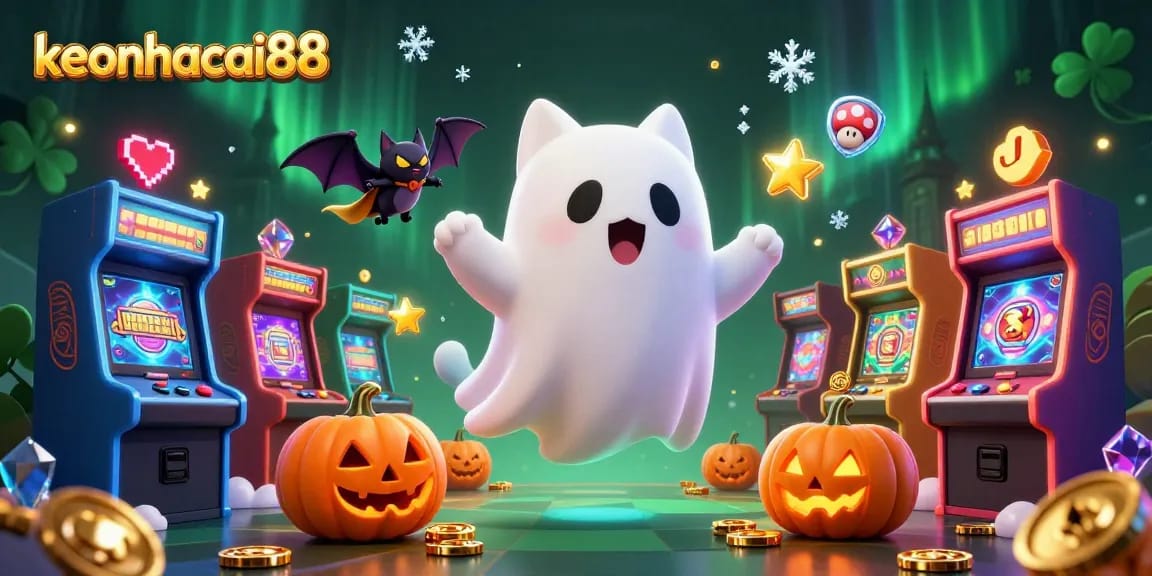 Experience gaming excitement with keonhacai88 in a haunted casino scene featuring a ghost cat and vibrant arcade elements.