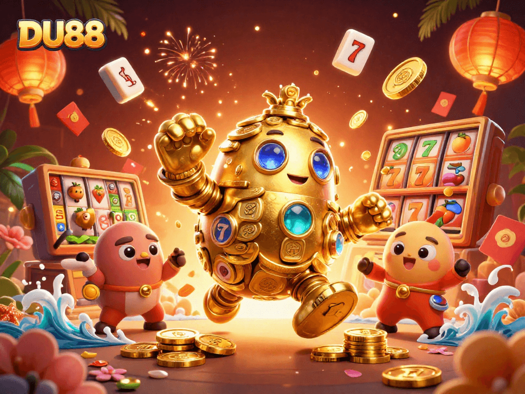 Win big at DU88 with a dazzling 3D golden golem surrounded by vibrant casino elements.