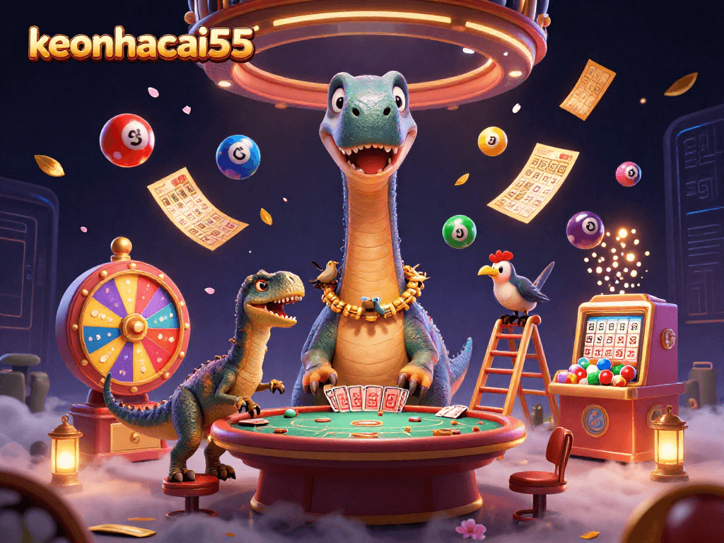 Experience fortune with keonhacai55 as a brontosaurus peers over a lively poker table.