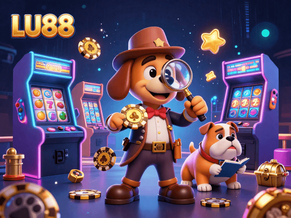 LU88 showcases a detective bloodhound and bulldog in a vibrant casino scene with poker chips.
