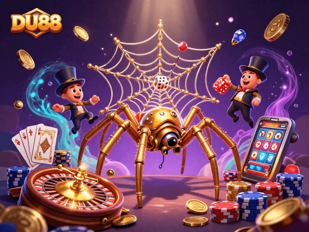 DU88 captures excitement by spinning golden coins and roulette wheels in vibrant casino scene