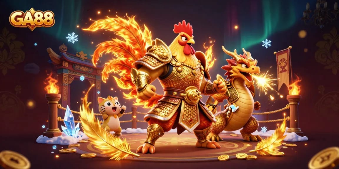 Bet on GA88 with a dynamic scene showcasing a rooster warrior and dragon hatchling in an epic casino setting.