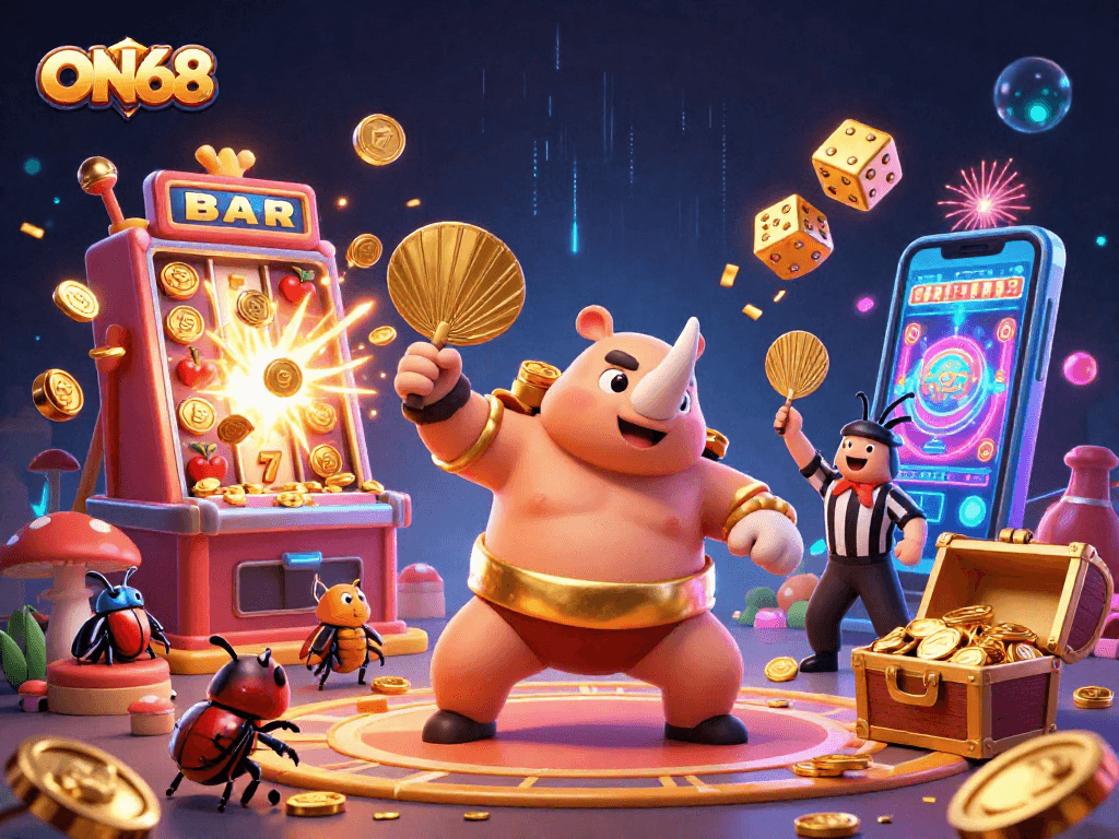 Watch the ON68 rhinoceros beetle sumo champion stomp, sending golden coins from a vibrant casino scene.
