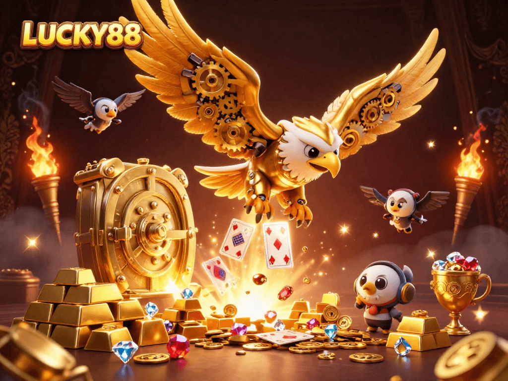 Experience LUCKY88's thrill as a golden eagle dives past holographic cards in a dynamic casino scene.