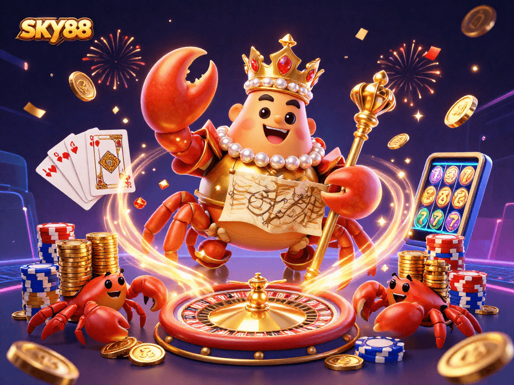 Engage with SKY88's vibrant gaming scene featuring a golden crab emperor and captivating casino elements.