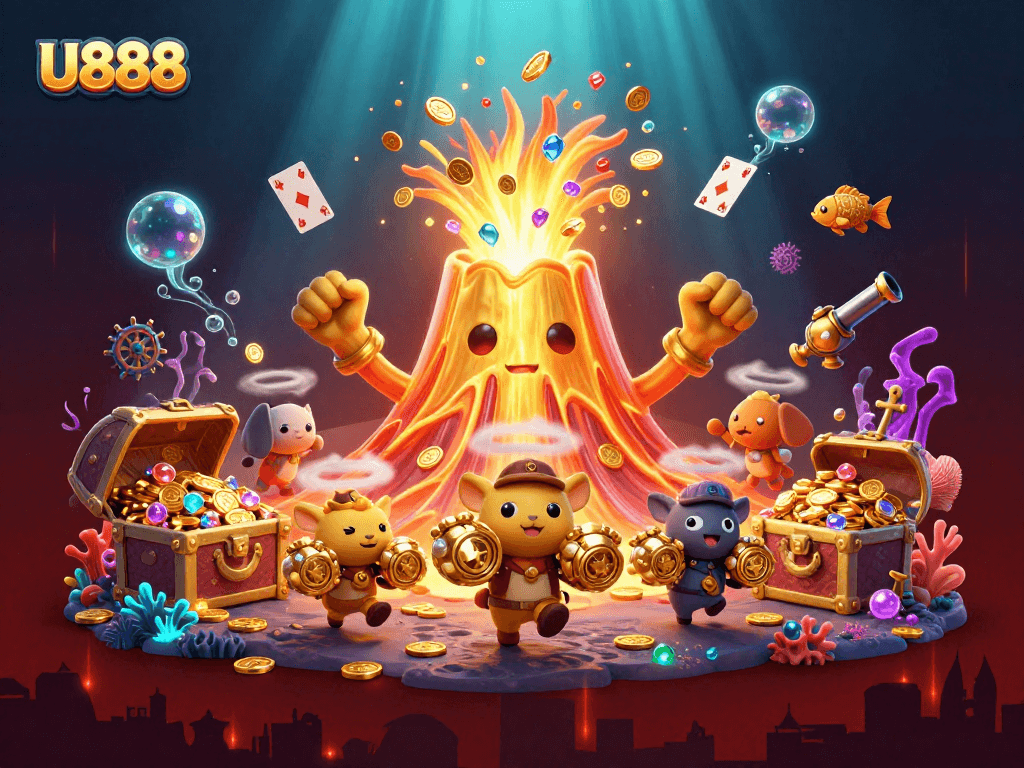Experience the excitement of U888 with a vibrant 3D scene showcasing a golden volcano erupting treasure.