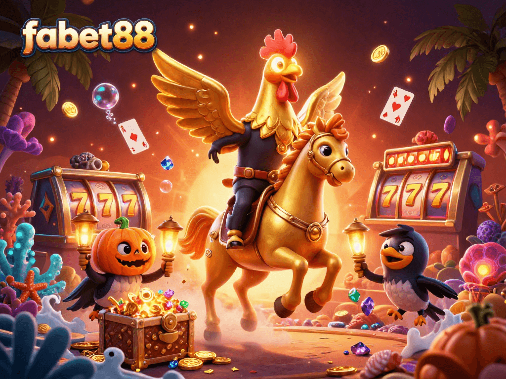 Play games with fabet88, featuring a golden rooster and rich casino elements in a vibrant scene.