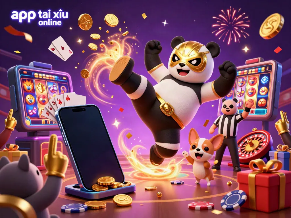 Engage in thrilling moments with app tài xỉu online as a panda wrestler kicks off excitement in a vibrant casino scene.