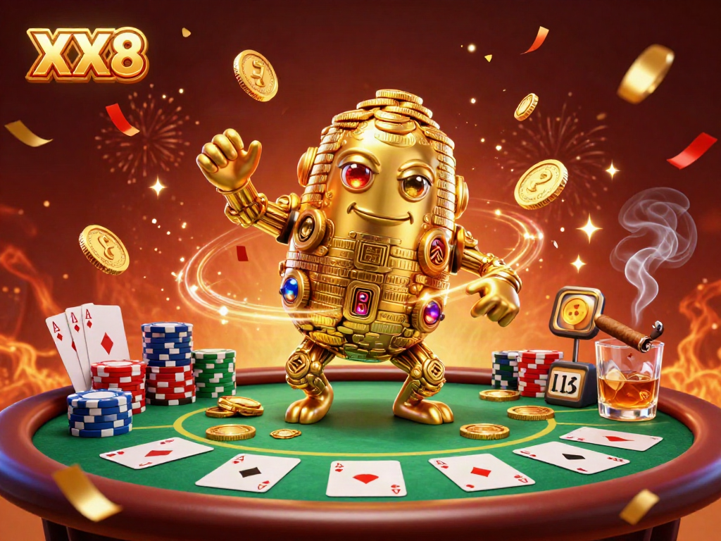 Join the excitement of XX8 as the golden golem and poker scene come alive with thrilling casino atmosphere.