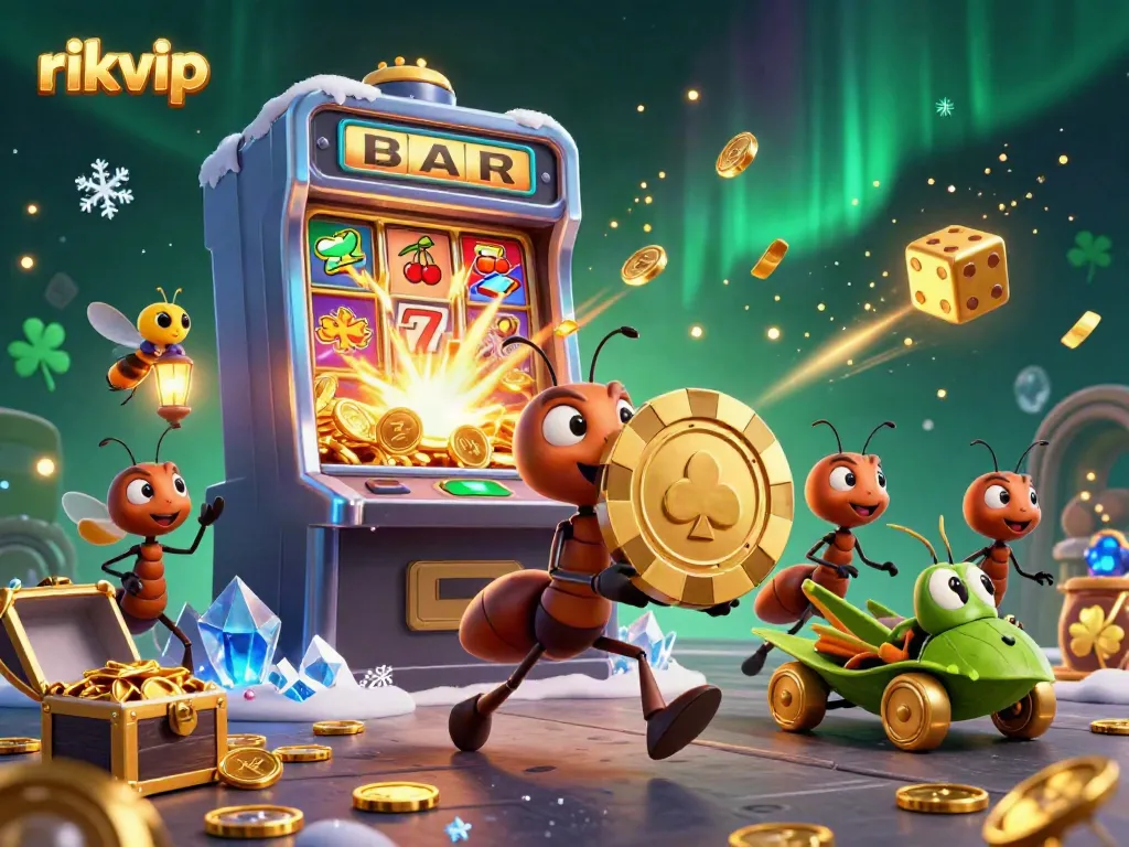 Experience gaming excitement at rikvip with 3D cartoon characters amidst a vibrant casino scene full of rewards.