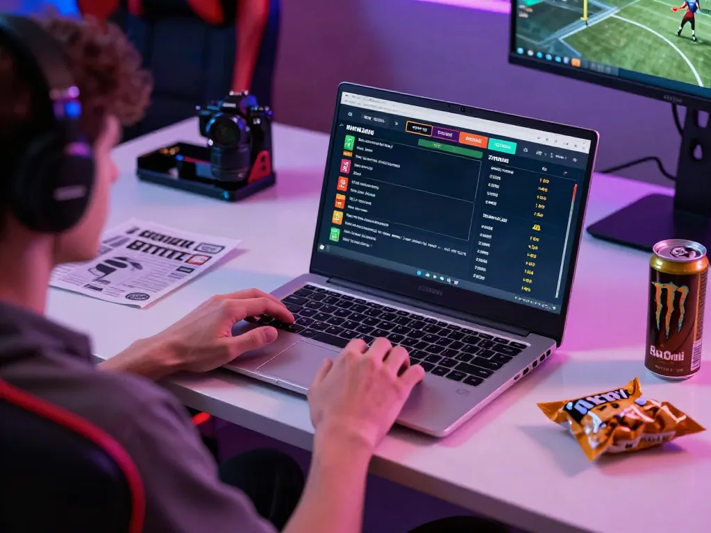 Engaged player on debet.gb.net, sports betting on a sleek laptop in a dynamic gaming environment.