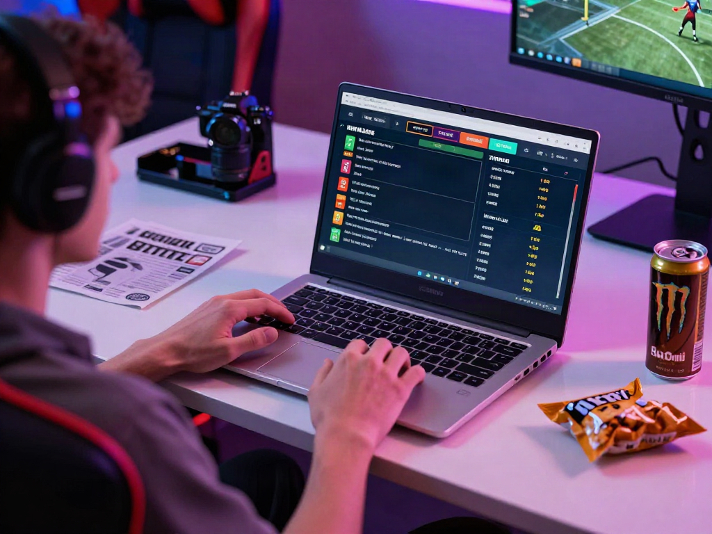 Engaged player on debet.gb.net, sports betting on a sleek laptop in a dynamic gaming environment.