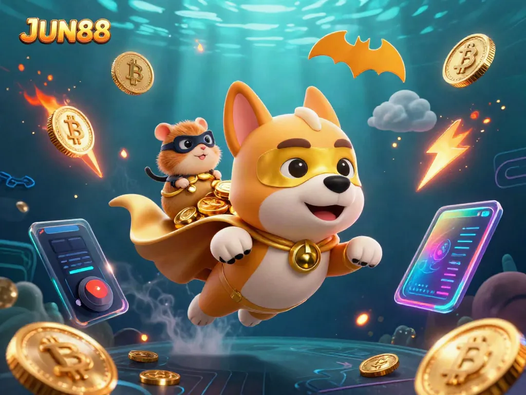 Engage with JUN88 in a dynamic superhero-themed casino scene featuring vibrant crypto elements and thrilling gambling activity.