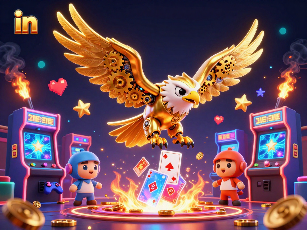 Experience excitement in a futuristic casino with cybernetic golden eagle soaring amidst holographic cards.