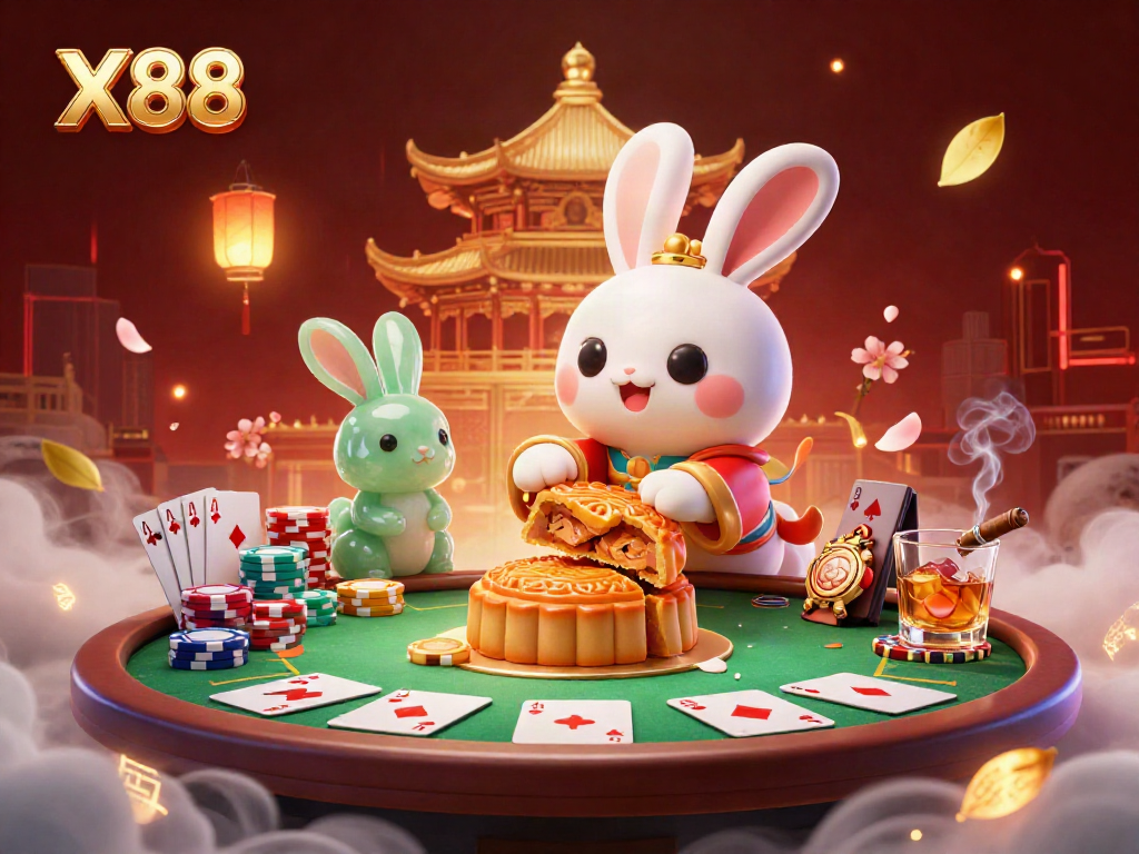X88 rabbit character celebrates a jackpot with poker chips amidst golden mooncakes in this vibrant cartoon scene.