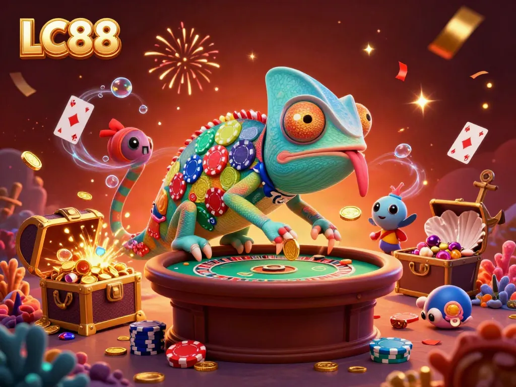 Engage with LC88 at an immersive casino scene featuring a colorful chameleon owner, poker chips, and gold coins.