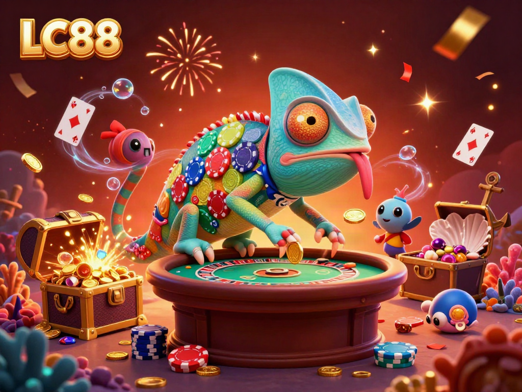 Engage with LC88 at an immersive casino scene featuring a colorful chameleon owner, poker chips, and gold coins.