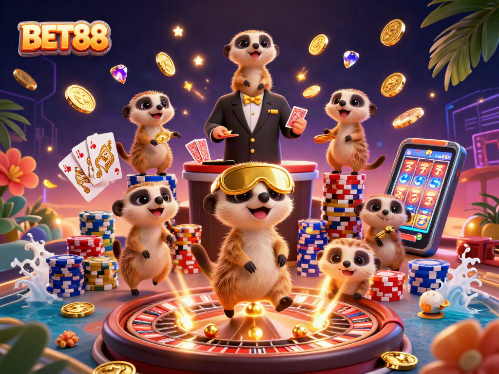 Experience the thrill of BET88 with meerkats managing a vibrant casino scene, evoking excitement and fun.