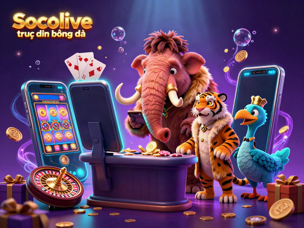 Socolive trực tiếp bóng đá showcases a vibrant 3D casino scene with characters and exciting gaming elements.