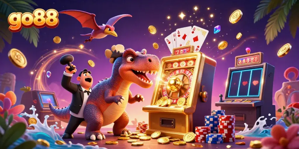 Experience the excitement of go88 with a 3D cartoon scene of a dinosaur at a golden slot machine.