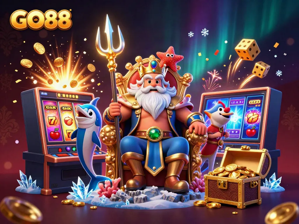 Watch GO88's Neptune and samurai amidst a jackpot explosion in a vibrant casino scene.