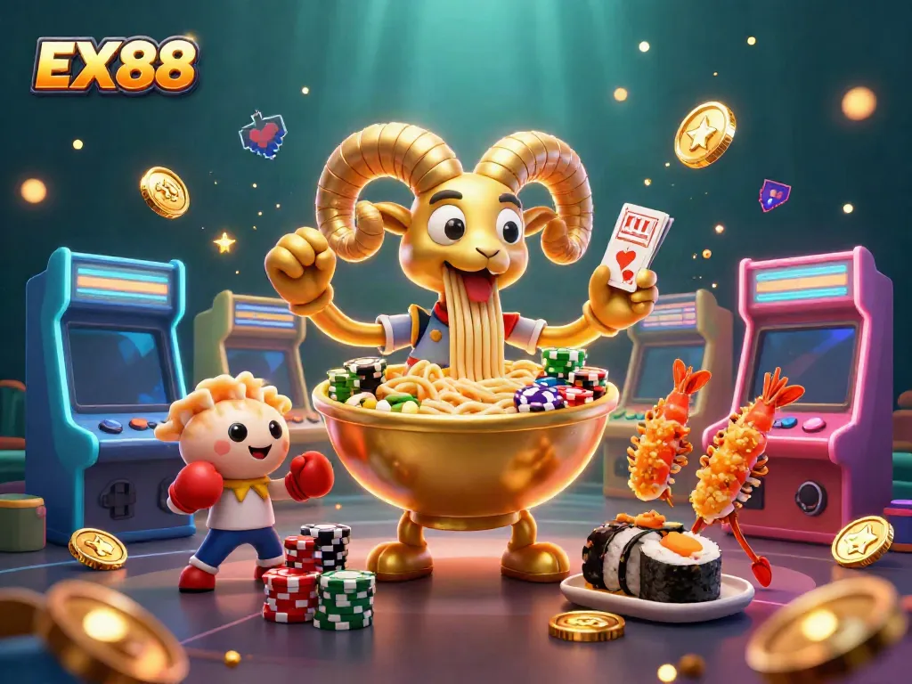 Experience EX88 in this lively casino scene with a golden ramen dealer and dynamic gaming elements.