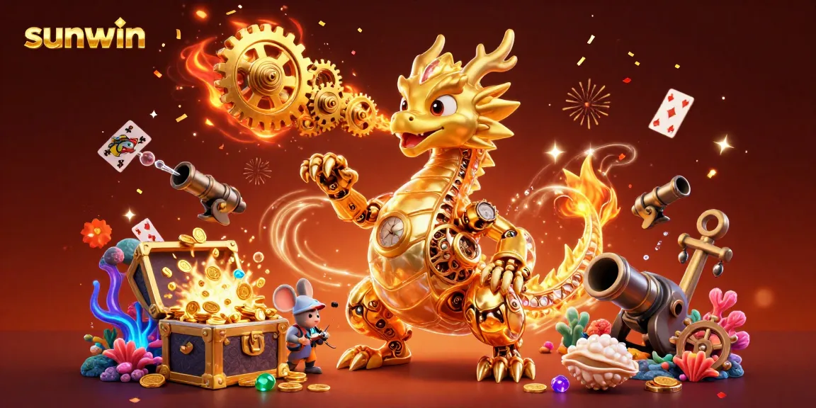 Experience thrilling gameplay with sunwin in a rich 3D illustration featuring golden dragons and casino elements.