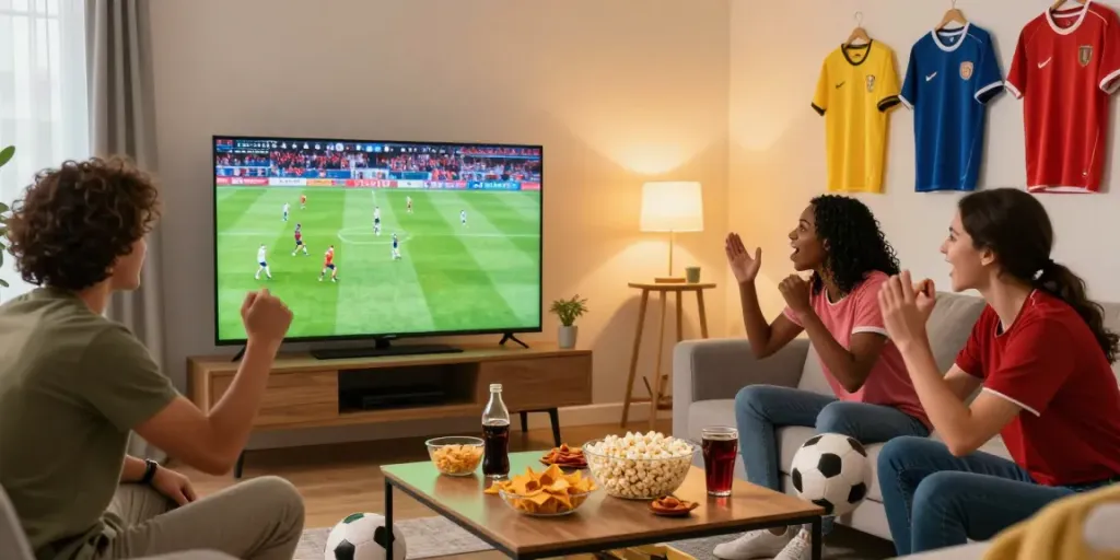 Friends enjoying a live socolive football match in a lively living room.